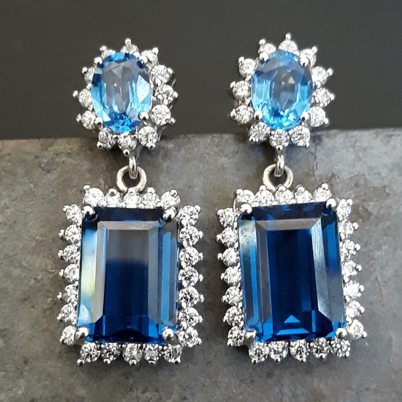 Intense Blue Swiss Topaz and Sapphire Earrings - Picture 4 of 11